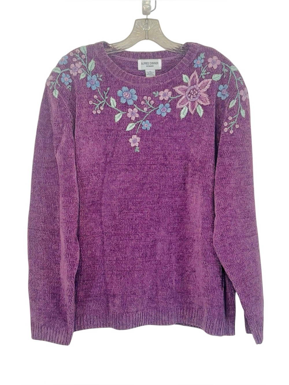 Alfred Dunner Purple Chenille Knit Floral Embroidered Crewneck Sweater 3X